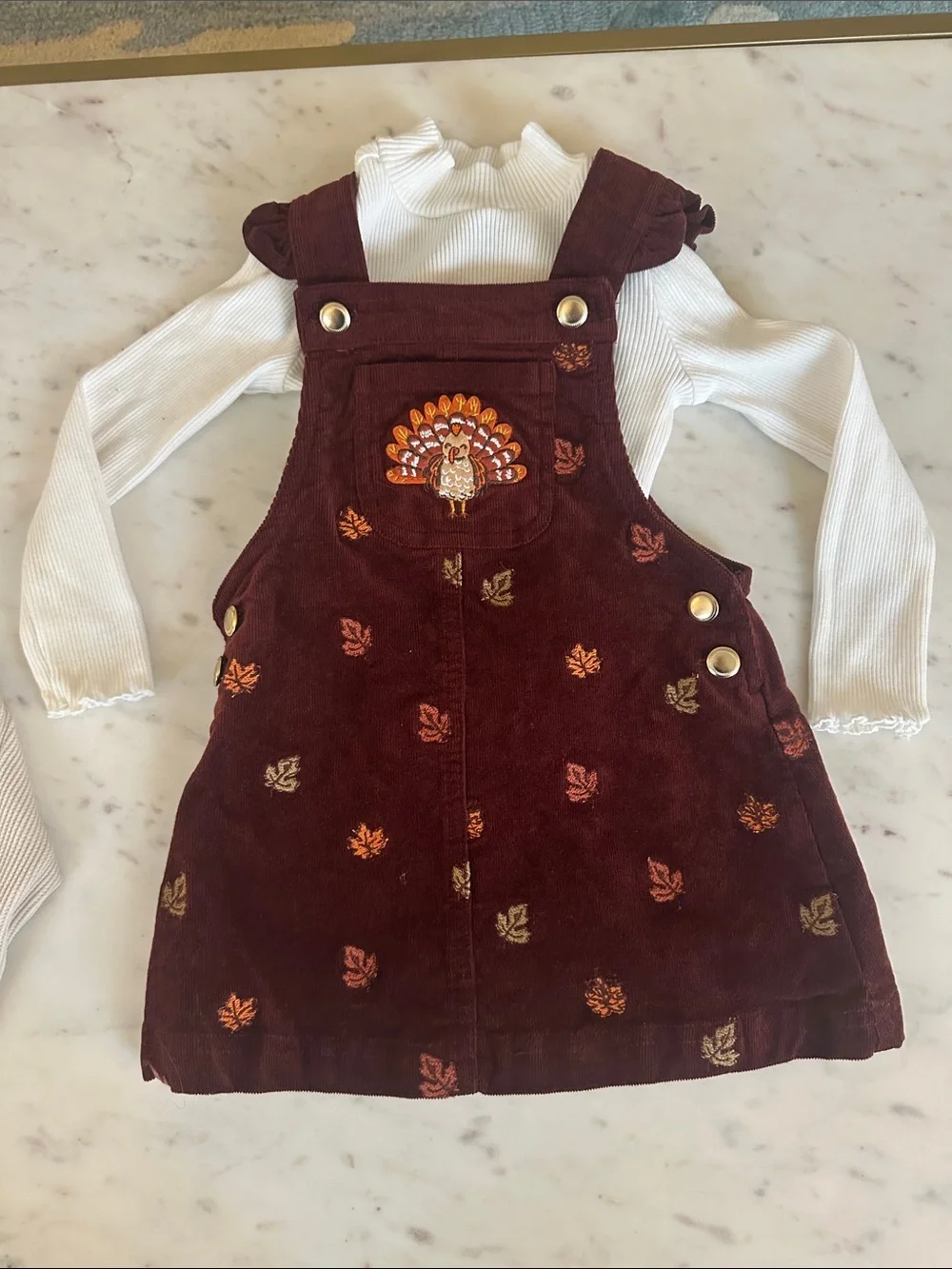 Girls Corduroy Pinafore Dress with Cream Top and thankful top bundle